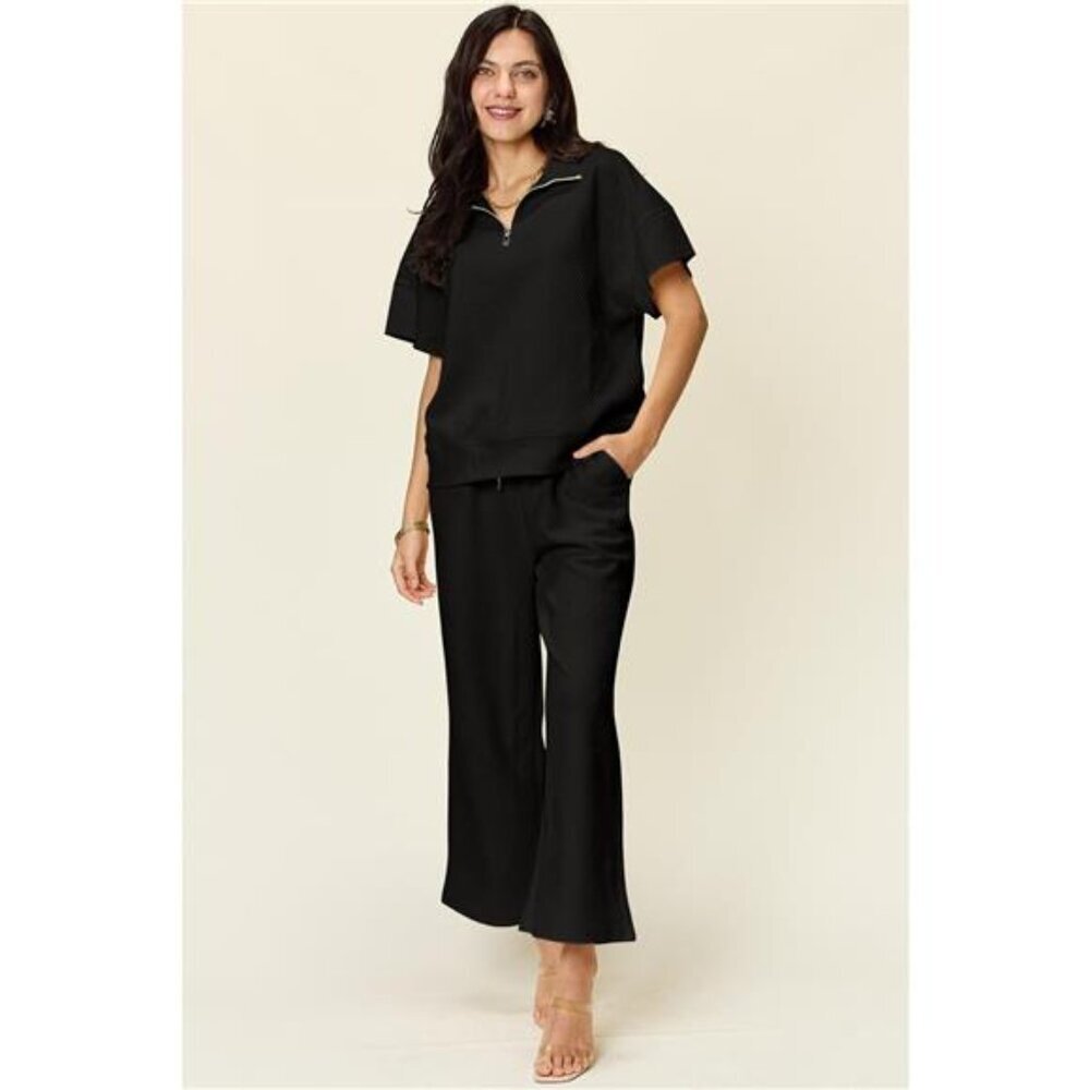 Double Take Full Size Texture Half Zip Short Sleeve Top and Pants Set